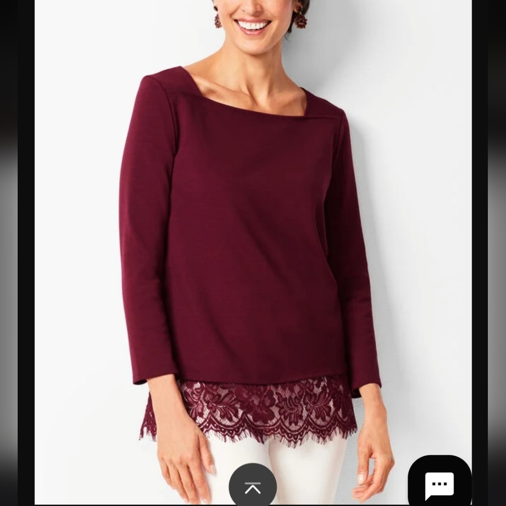 Talbots Square Neck Tunic L Lace Eyelash Trimmed Merlot Burgandy Feminine Office
